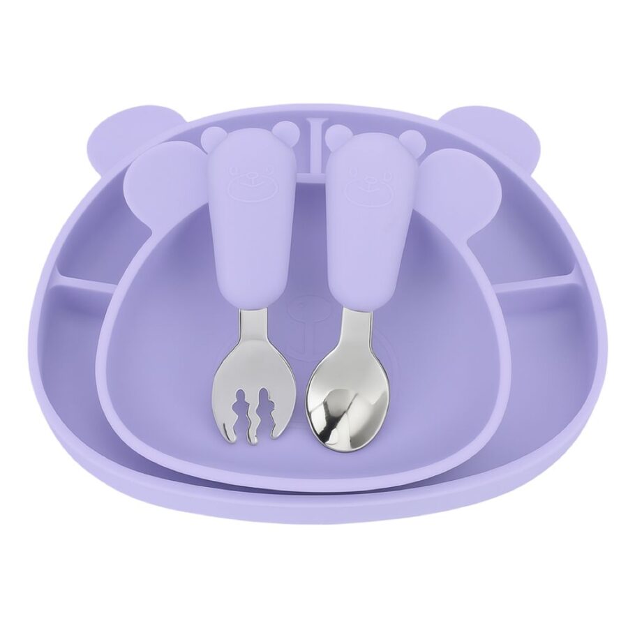 MIMIO Silikónový jedálenský set BEAR – PASTEL LILAC