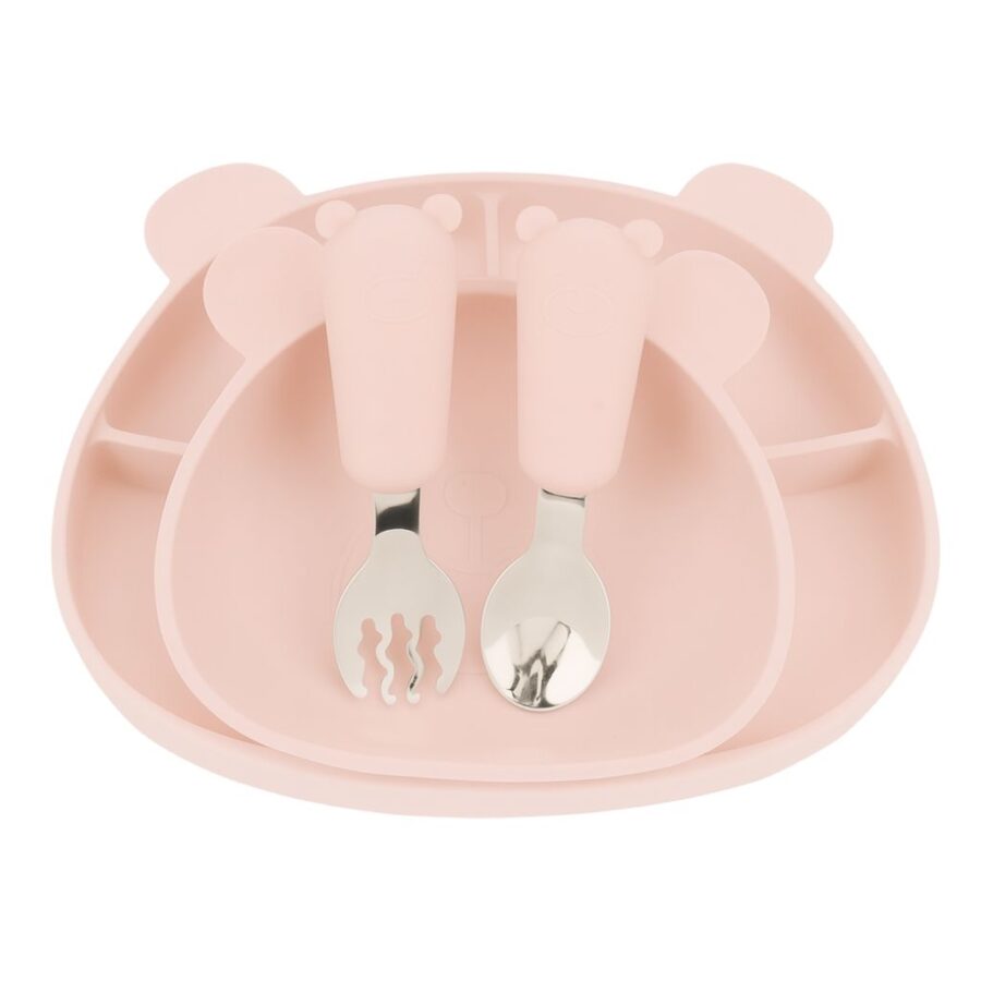 MIMIO Silikónový jedálenský set BEAR – SOFT PINK