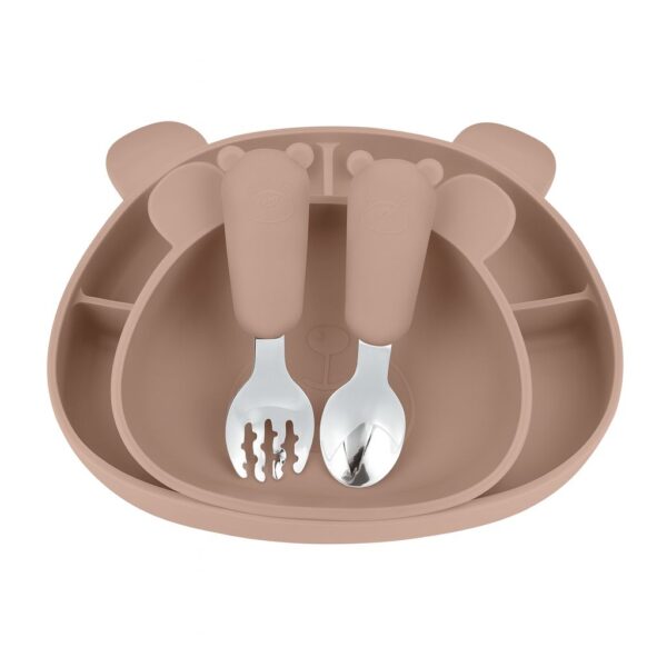 MIMIO Silikónový jedálenský set BEAR – CAMEL