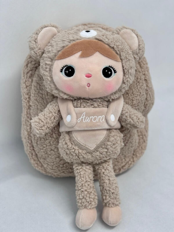 METOO Detský batôžtek (s menom) s plyšovou bábikou – BEIGE BEAR