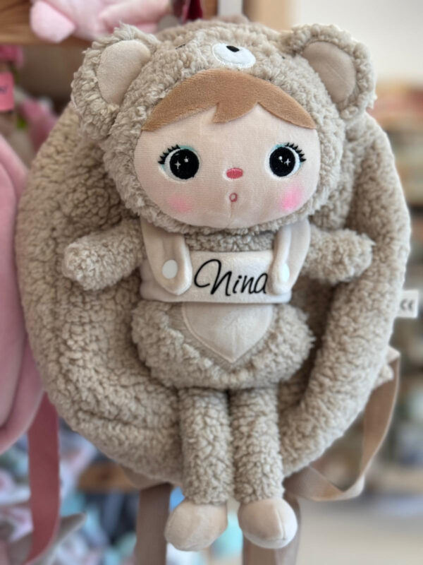 METOO Detský batôžtek (s menom) s plyšovou bábikou – BEIGE BEAR
